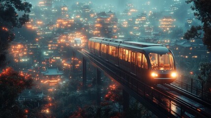 Futuristic monorail train traversing a misty, illuminated Asian city at night.