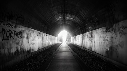 Obraz premium A dark tunnel leading to a bright light, with graffiti on the walls and a clear path.