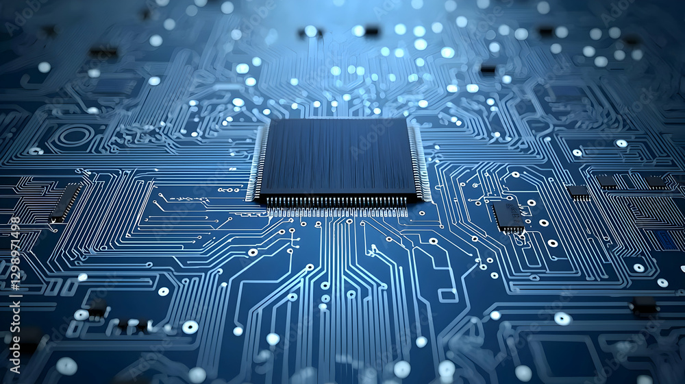 Poster intricate blue circuit board microchip design emitting light in a digital abstract technology concep