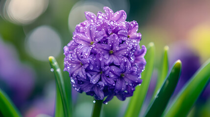 Fototapeta premium A close-up shot of a single purple hyacinth blooming with dew drops glistening on its petals.