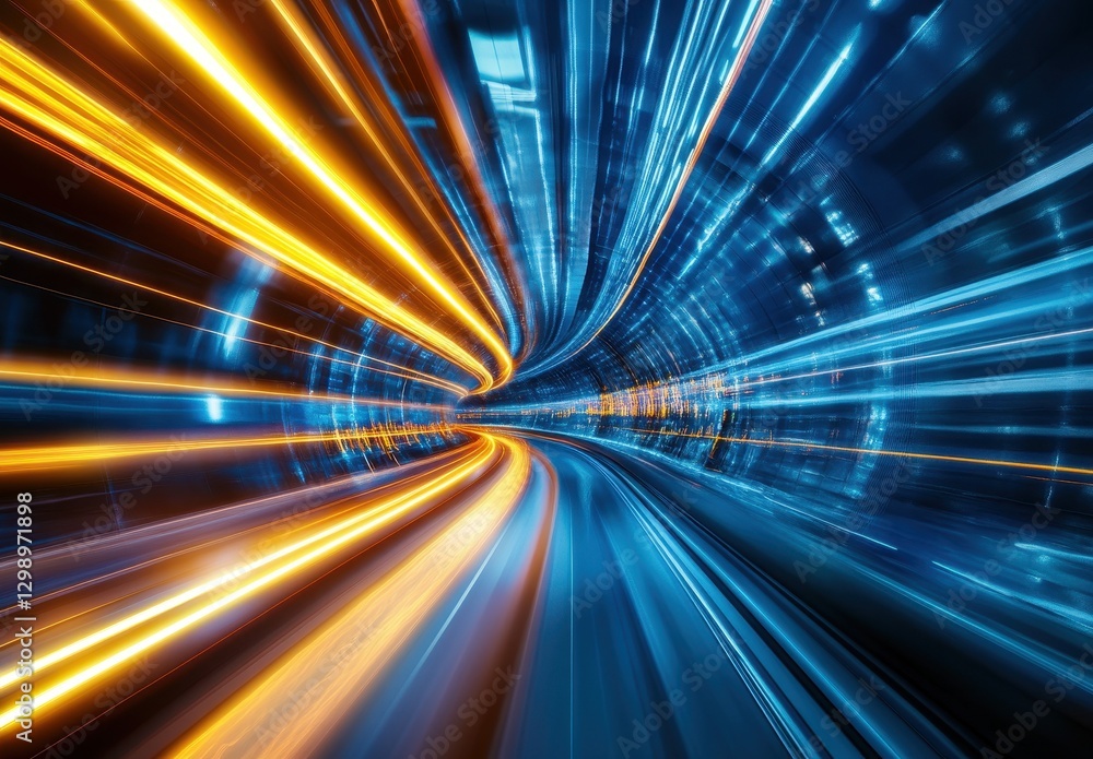 Poster futuristic abstract light trails in a high-speed tunnel representing motion and energy conveying tec