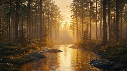 Dreamy River Flowing Through Dense Pine Forest with Morning Mist