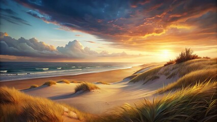 Sandy Beach with Coastal Grass, Summer Seascape, Nature Photography