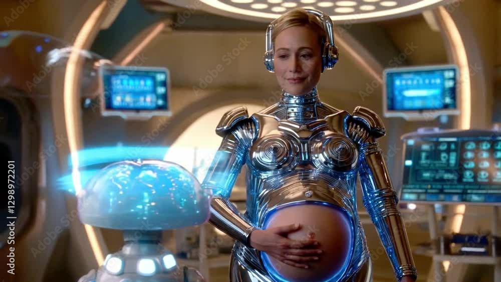 Poster a futuristic setting showcases a woman with a robotic exterior, emphasizing a synthetic pregnancy ex