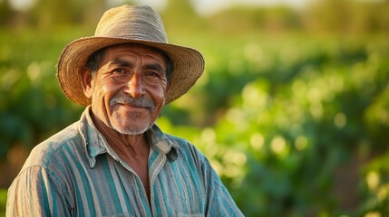 A joyful farmer with a straw hat smiles warmly while surrounded by vibrant green vines. The golden sunlight bathes the vineyard, highlighting a day of diligent labor in agriculture