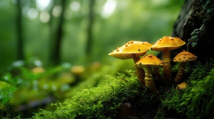 Fototapeta premium A cluster of vibrant yellow mushrooms growing on moss in a lush green forest.