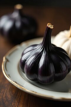 Close-up of trendy black garlic bulb on elegant plate, gourmet, elegant