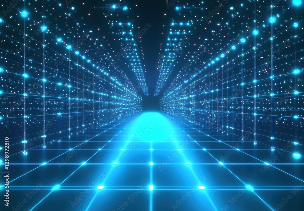 Poster futuristic blue tunnel with glowing light effects and digital grids, sci-fi visualization of technol