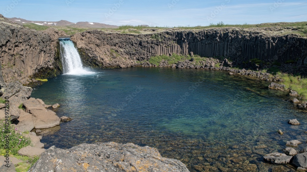 Poster waterfall flowing into clear pool surrounded by unique basalt columns