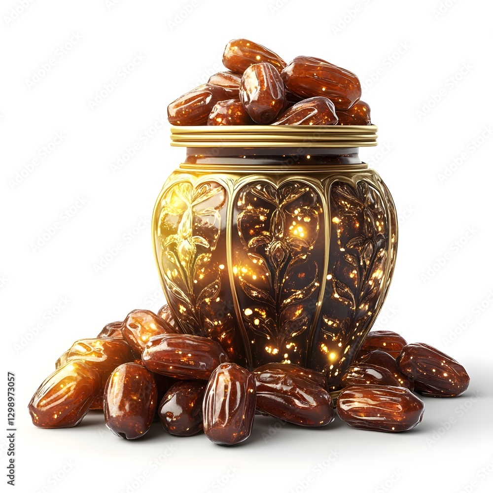Poster ornate jar filled with shiny dates, surrounded by scattered dates on a white background