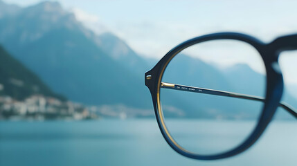 Close Up Of Blue Rimmed Eyeglasses With Blurred Mountain Lake Scenery Background