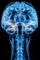 Glowing blue X-ray style representation of the human brain from frontal view