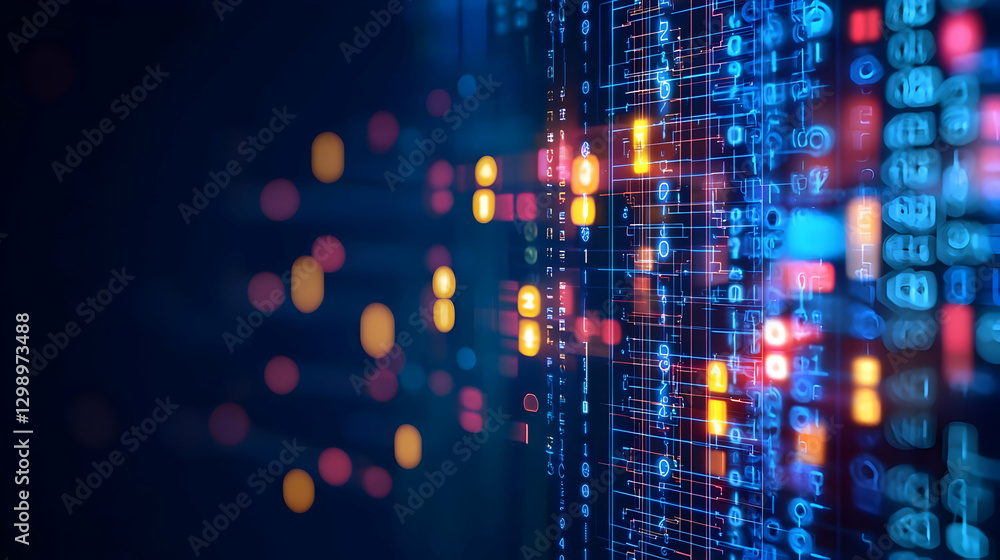 Poster abstract digital data stream with glowing blue and red lights on dark background