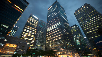 Fototapeta premium Vibrant City Skyscrapers At Night Illuminated With Artificial Lights And Urban Architectural Design
