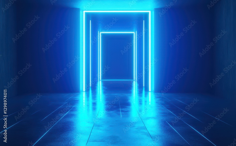 Poster futuristic corridor with glowing neon lights and reflective floor creating a surreal atmosphere for 
