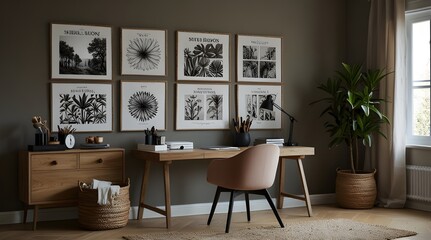 A modern home office with a wooden desk. a computer. a chair. and plants The room is bright and airy. with natural light streaming in from the window. generative.ai