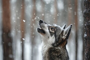 Obraz premium Pet Photography A wolf gazes upward in a snowy forest, surrounded by falling snowflakes and tall trees.