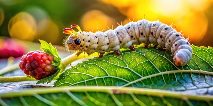 Silkworm Eating Mulberry Leaf Macro Photography, Closeup Bombyx Mori, Insect Detail, Nature Photography, Silk Production