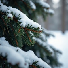 Snow-covered weathered wood, pine needles, blurred fir , background, winter