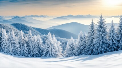 A serene winter scene featuring snow-covered trees and distant mountains under a soft sunrise.