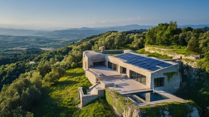 Luxury hilltop villa with solar panels blending into the picturesque landscape