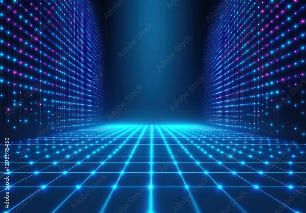 Poster futuristic digital background with glowing blue and purple lights in a grid pattern creating a surre