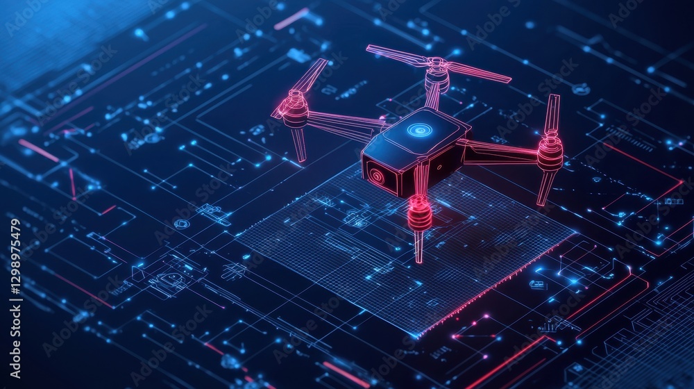 Poster futuristic drone with digital blueprint elements representing advanced technology and innovations in