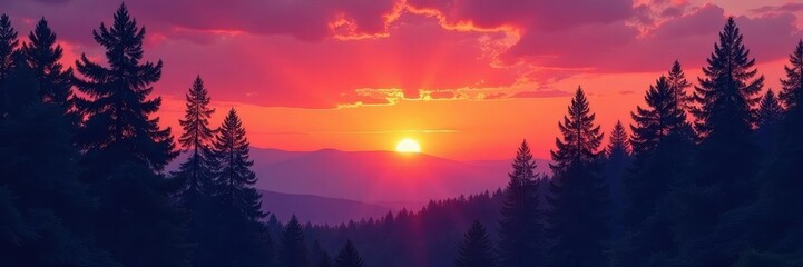 Sunrise paints the pine trees with vibrant hues, creating a dramatic scene, silhouette, natural