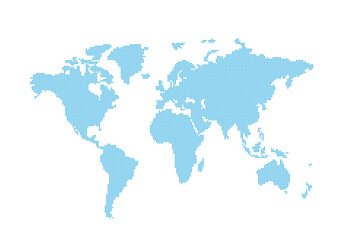 A world map in a modern style. A world map made up of blue dots on a white background.