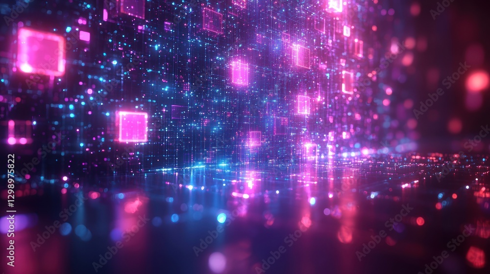 Poster abstract cyberpunk data stream with glowing cubes and light streaks