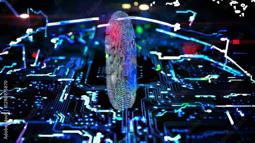 Poster futuristic video concept of a glowing fingerprint on a circuit board. top-down angle highlights digi