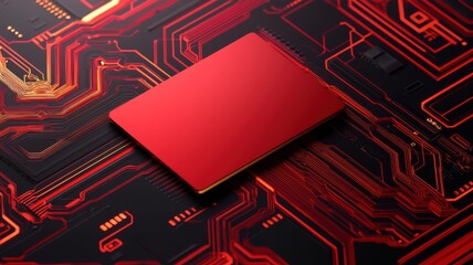 A close-up view of a red circuit board with intricate electronic patterns, featuring a central red rectangular component.