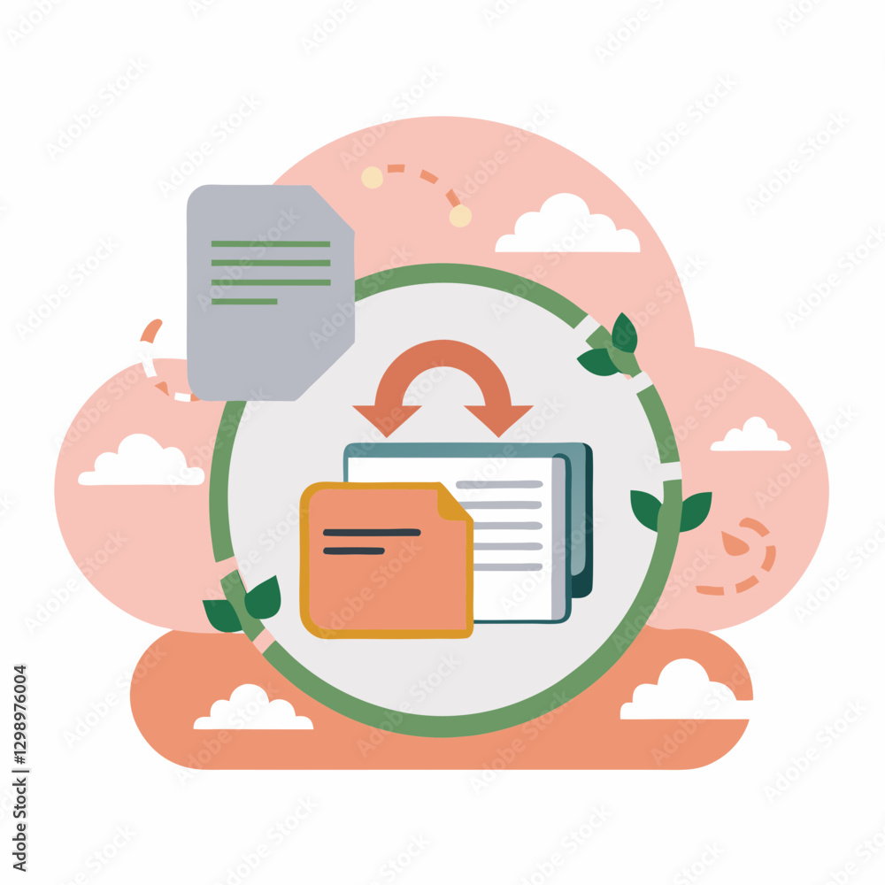 Poster cloud storage icon featuring files with arrows representing data synchronization and backup