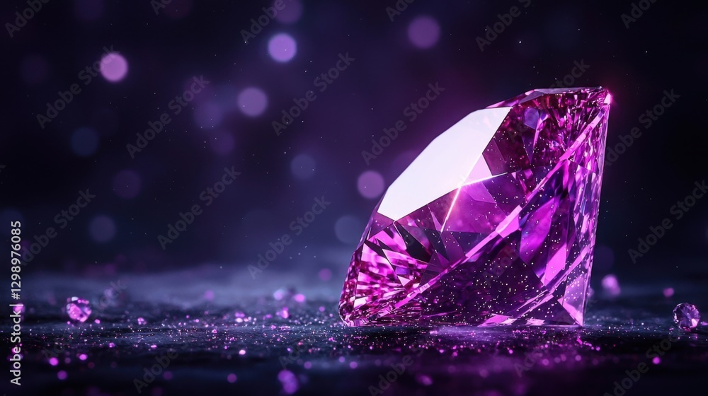 Poster glimmering large pink gemstone with shimmering light reflections and soft bokeh background for luxur