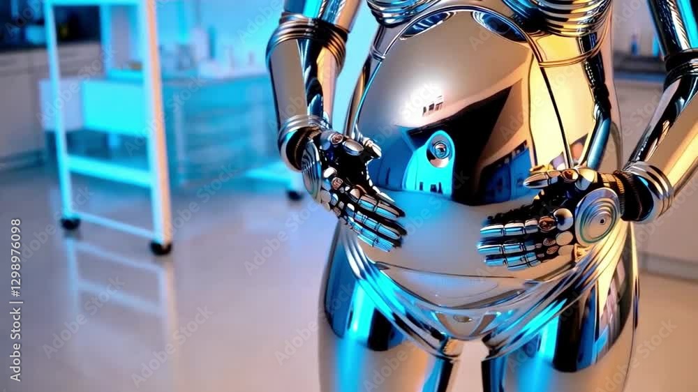 Poster a highly advanced robot with a reflective surface exhibits a pregnant form in a sterile bioengineeri
