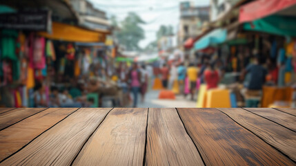Obraz premium Wooden Tabletop with Blurred Indian Market Background