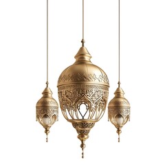 Obraz premium Ornate golden pendant lights hanging elegantly against a white background, adding a touch of luxury