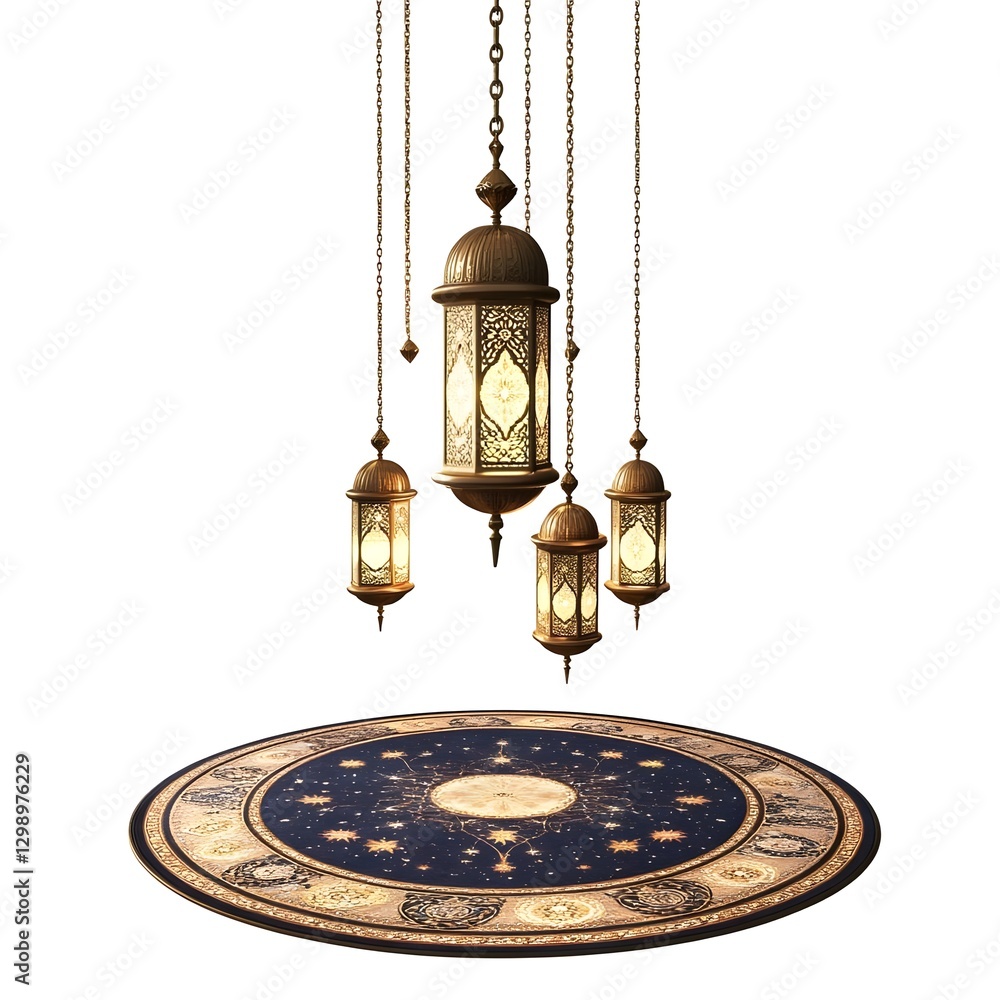 Poster elegant hanging lanterns illuminate a decorative round rug with celestial patterns in a serene setti