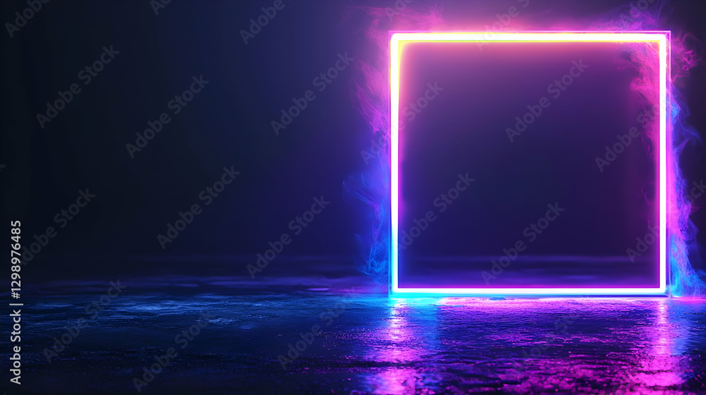 Poster glowing neon square frame with blue and purple illumination on reflective surface in dark background
