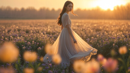 woman in white in golden field with blue and purple flowers at sunrise.