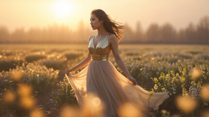 woman in white in golden field with blue and purple flowers at sunrise.