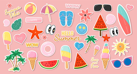 A collection of stickers or cartoon icons on a pink background.