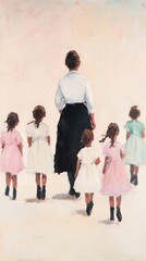 Naklejka premium Teacher guiding young girls pink-beige backdrop