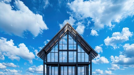 Modern Glass House with Stunning Architecture Against a Bright Blue Sky with Fluffy White Clouds Reflecting Nature's Beauty and Innovative Design