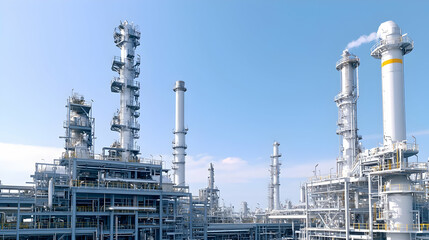 Industrial Factory Complex with Steel Structures and Smoke Plumes Against a Blue Sky