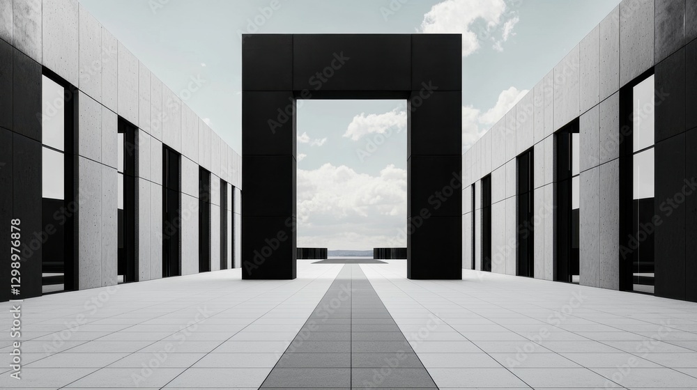 Poster modern minimalist architecture with geometric shapes and clouds in the background at a contemporary 