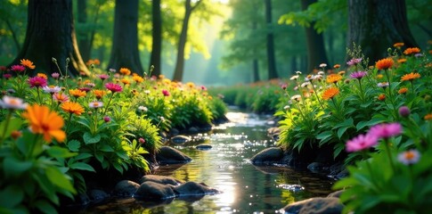 A forest stream lined with colorful wildflowers, nature, water, serene