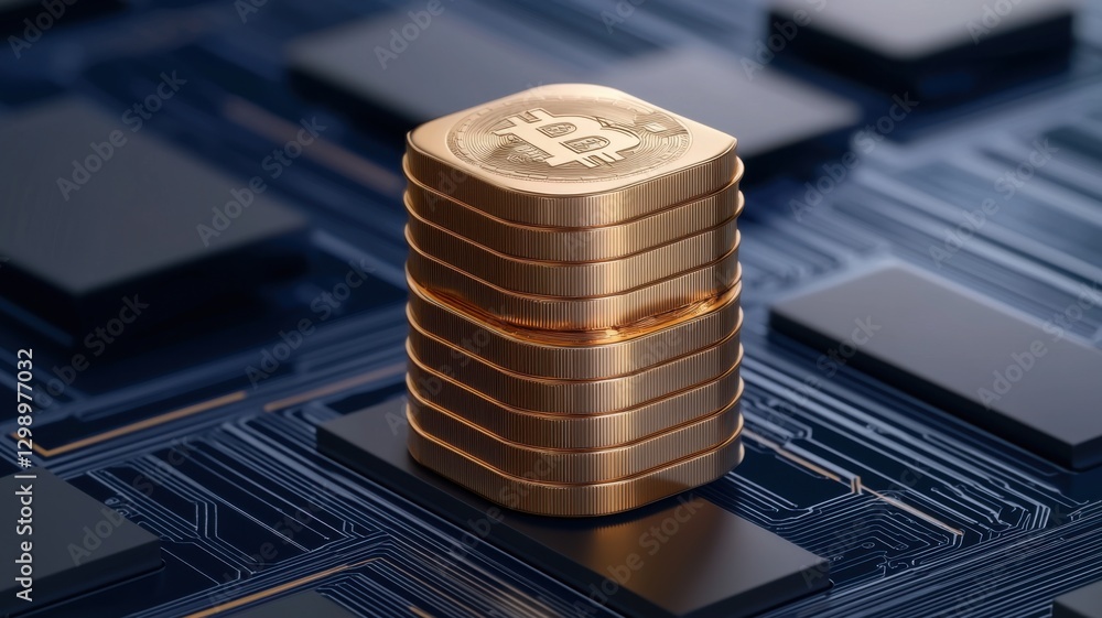 Poster a stack of golden coins rests on a circuit board, symbolizing wealth and technology in a digital env