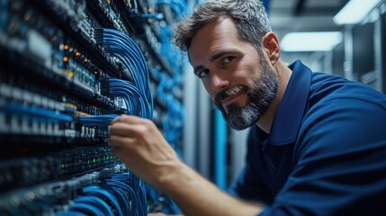 Technician managing network cables in a data center with servers and equipment in the background