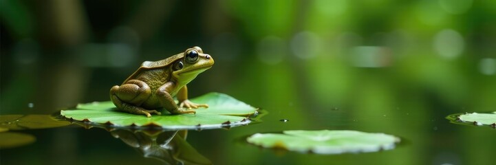 Obraz premium A frog perches on a lily pad in the murky swamp water, ecosystem, frog, lily pad